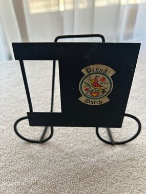 Vintage Pennsylvania Dutch Black Metal Napkin/Letter Holder with Colorful Crest